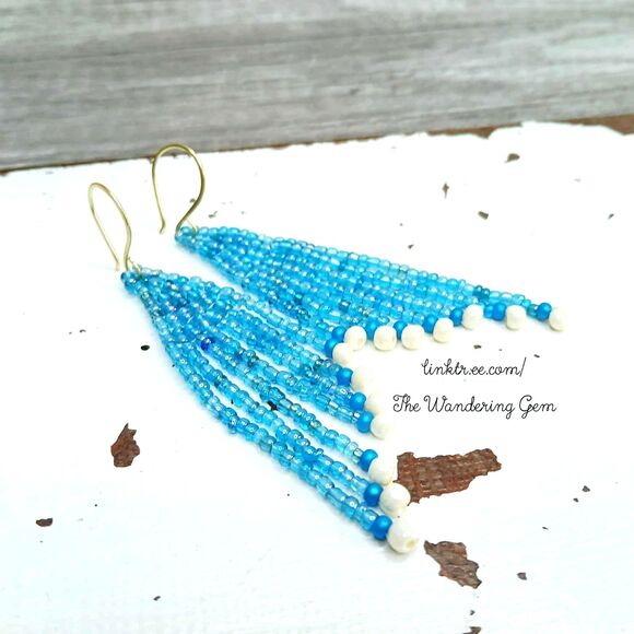 Blue & White Beaded Fringe Cascade Shoulder Duster Dangle Earrings, 3.5" - Picture 5 of 7